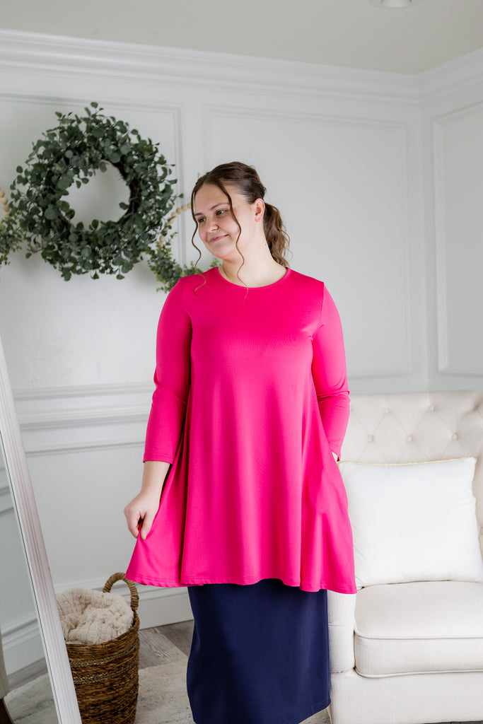 modest long tunic top in pretty prints and solids